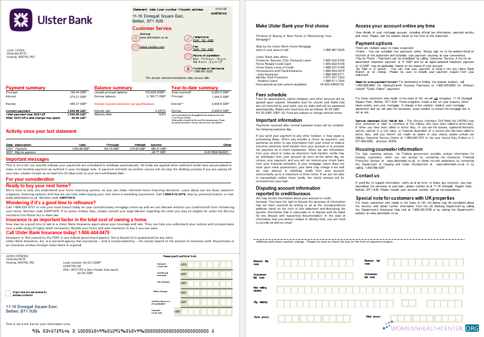 Download UK Ulster Bank mortgage statement in Word and PDF formats, 2 pages Photoshop template